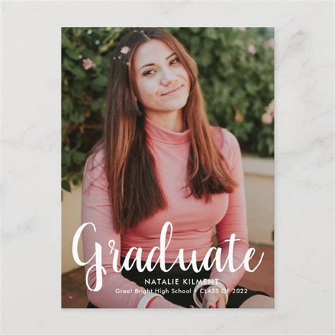 White Script Modern Graduate Photo Graduation Announcement Postcard