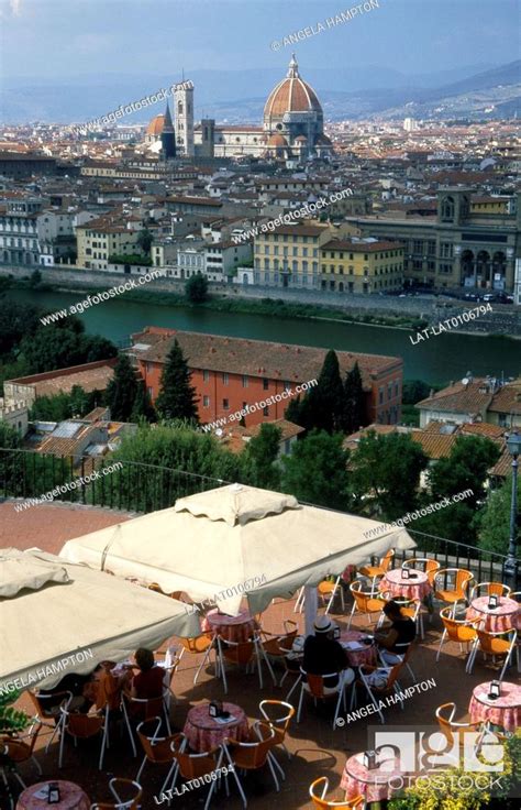 View Over City From Rooftop Terrace Restaurant Over River Arno