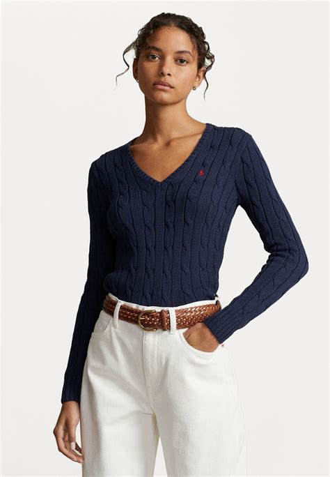 Polo Ralph Lauren Cable Knit Cotton V Neck Jumper Trui Marine