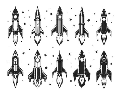 Set Von Raumraketen Und Shuttles Schwarze Und Wei E Silhouetten Vektor