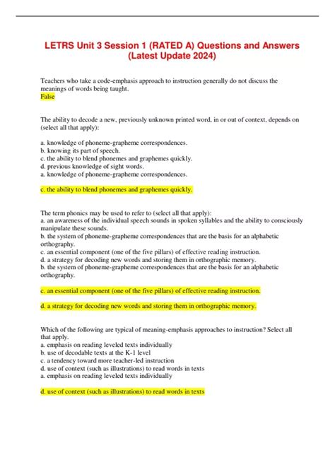 LETRS Unit 3 Session 1 (RATED A) Questions and Answers (Latest Update