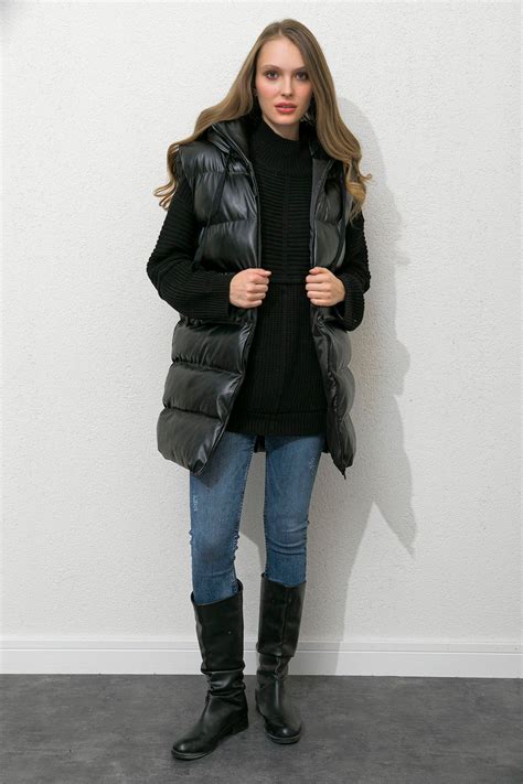 Puffy Designer Vest Leather Black Long Puffer Vest Women Puffer Vest Pattern 70s Puffer Winter