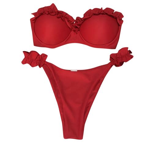 Solid Ruffle Bandeau Bikini Red Bikini Vicky Bikinis Bikinis Swimsuits