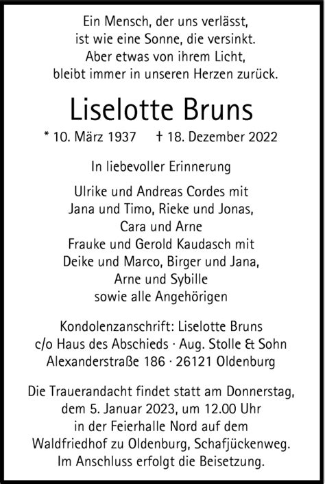 Traueranzeigen Von Liselotte Bruns Nordwest Trauer De