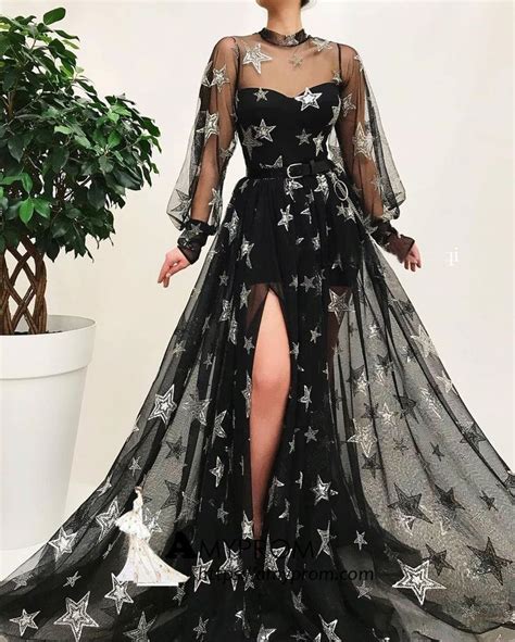 Black High Neck Long Prom Dress With Star Sparkly Long Sleeve Unique