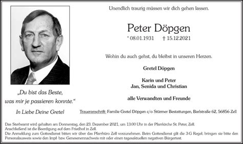 Traueranzeigen Von Peter D Pgen Rz Trauer De