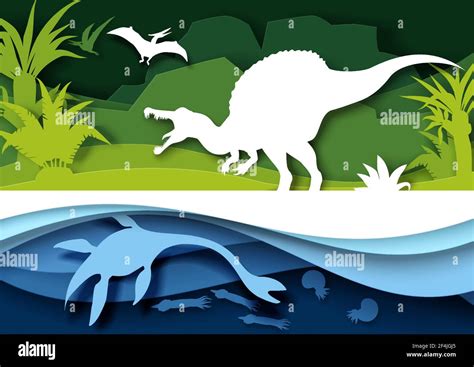 Paper Cut Dino Silhouettes And Nature Landscape Vector Illustration