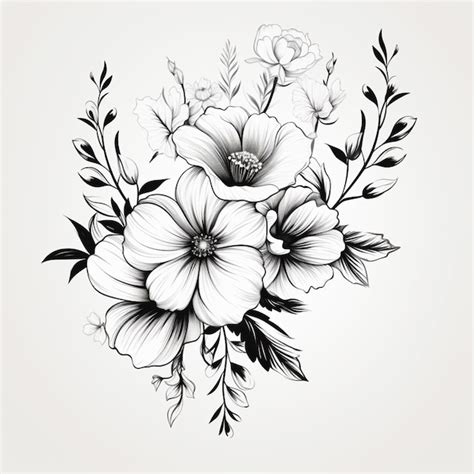 Un Dibujo En Blanco Y Negro De Flores Sobre Un Fondo Blanco Ai