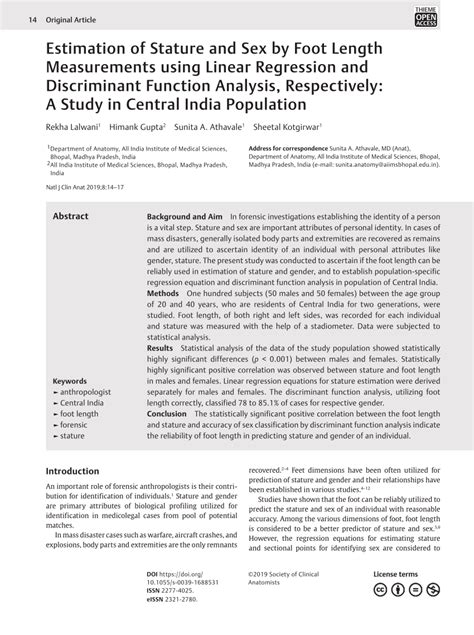 Pdf Estimation Of Stature And Sex By Foot Length Measurements Using Linear Regression And