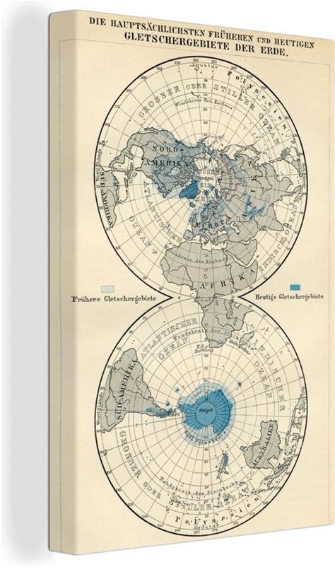 Canvas Wereldkaart 60x90 Wanddecoratie Gletsjers Op Vintage