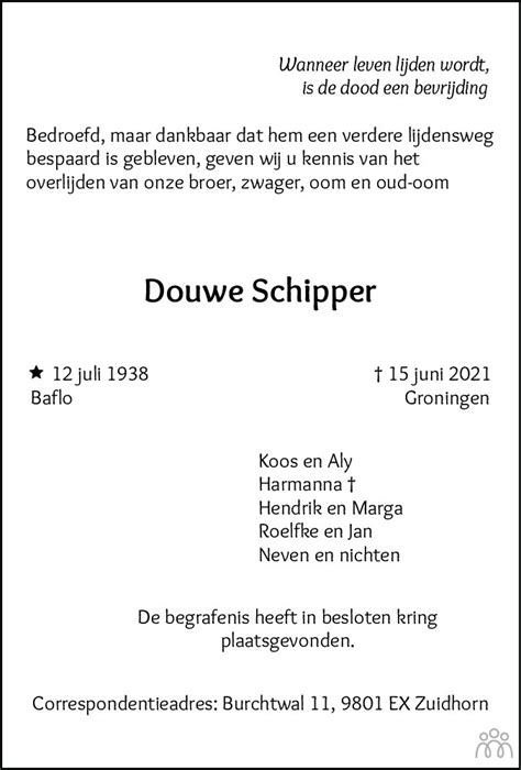 Douwe Schipper 15 06 2021 Overlijdensbericht En Condoleances