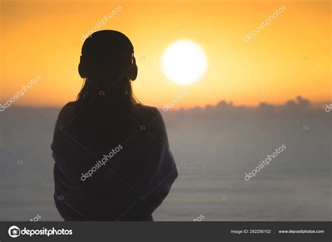 Silhouette Naked Woman Wet Hair Wrapped Blanket Swimming Female Headphones Stock Photo By