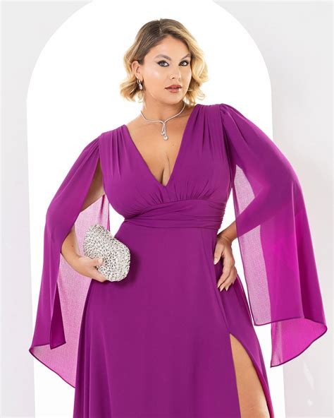 Vestido Longo De Festa Madrinhas Plus Size Curvy Decote Em V Com Mangas