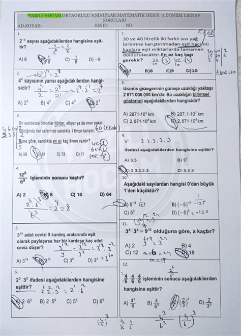 8 Sınıf Matematik 1 Dönem 1 Yazılı Soruları Test Pdf Yazılı