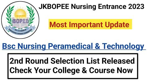 JKBOPEE Bsc Nursing 2nd Round Selection List Released Check Details