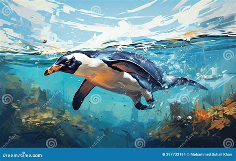 The Largest Penguin Swimming in Under Sea Oil Painting Background Stock ...