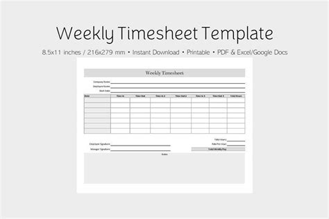 Weekly Timesheet Template Instant Download Pdf/google Sheets/excel ...