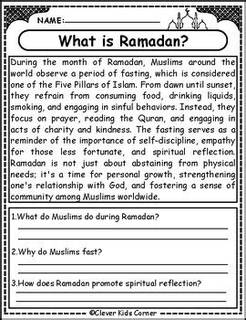 Ramadan Eid Al Fitr Reading Comprehension Passages For K Muslilm