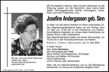 Traueranzeigen Von Josefine Andergassen Trauer Bz