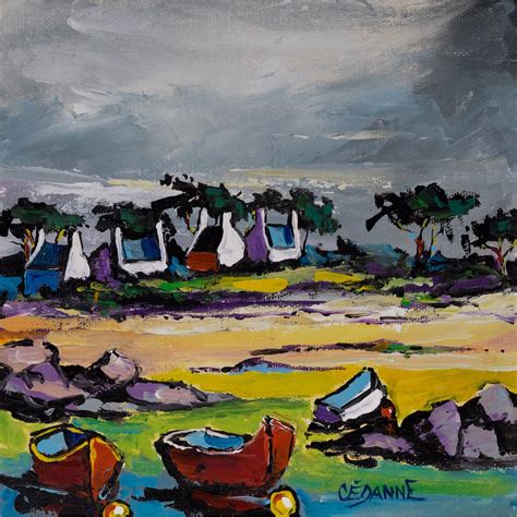 Peinture Ciel gris et barques rouges par Cédanne Carré d artistes