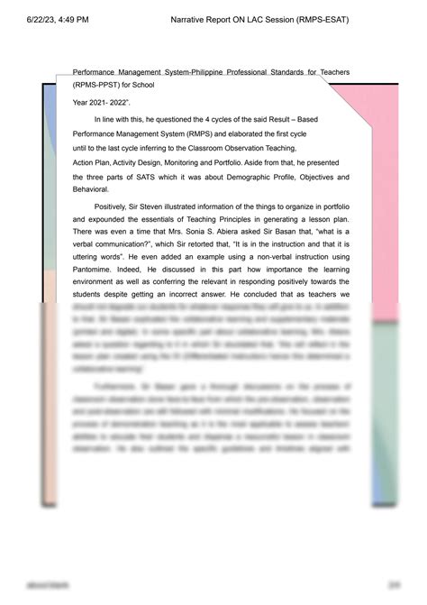 SOLUTION: Narrative report on lac session rmps esat - Studypool
