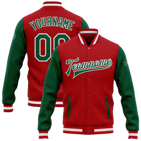 custom red kelly green white bomber full snap varsity letterman
