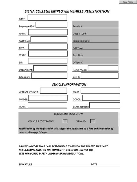 Fillable Online Siena Siena College Employee Vehicle Registration Fax