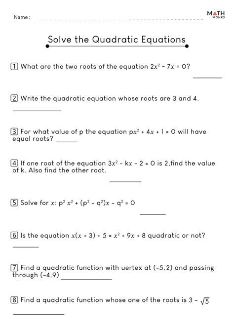 Writing Quadratic Equations From Roots Worksheet