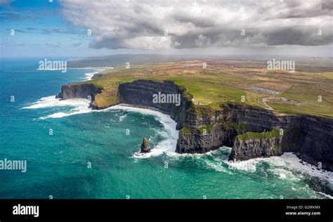 Aerial view, Cliffs of Moher, O'Brian's Tower, Lookout Tower on the ...