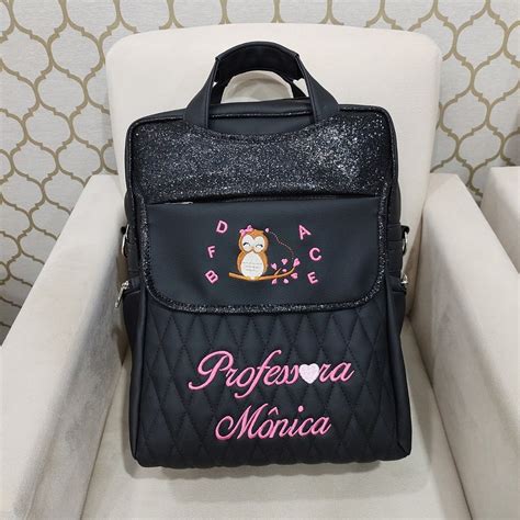 Bolsa Mochila Personalizada Professora Preto Shine Preto Coutre Bolsas