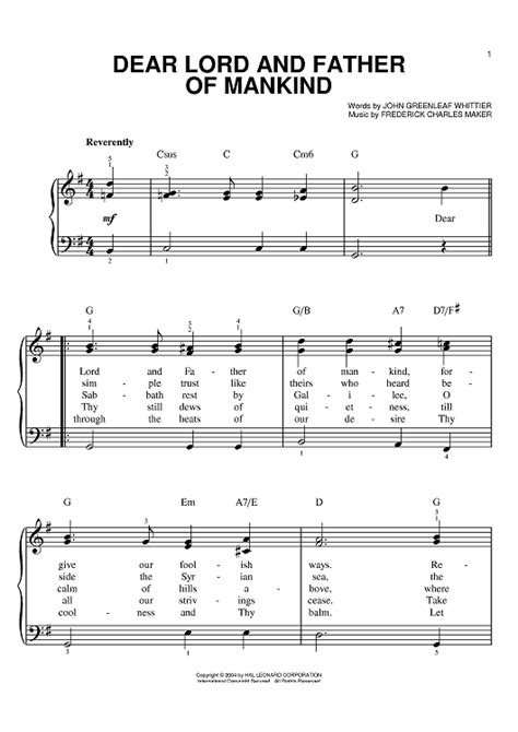 Dear Lord And Father Of Mankind" Sheet Music by John Greenleaf Whittier ...