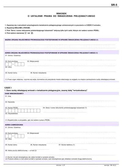 SR 5 WNIOSEK 1 Dane osoby składaj cej wniosek o wiadczenie piel