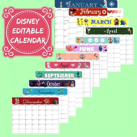 Disney Themed Calendar Setdigital Editable Pdf Calendardisney