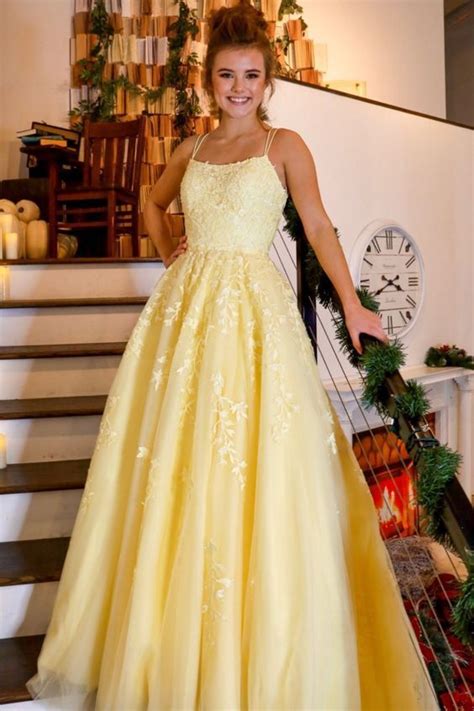 2020 Yellow Long Prom Dress With Lace Appliques Prom Dresses Yellow