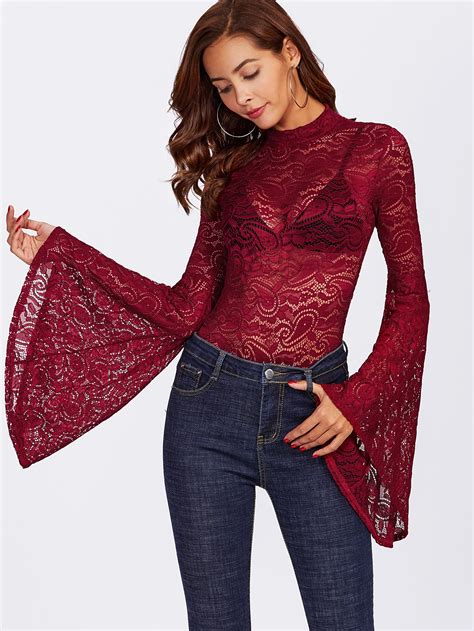 Exaggerated Bell Sleeve Lace Bodysuit Shein Sheinside