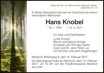 Traueranzeigen Von Hans Knobel Trauer Hna De