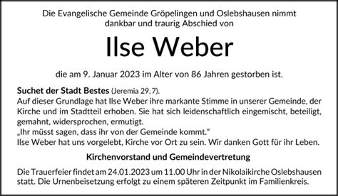 Traueranzeigen Von Ilse Weber Trauer Gedenken