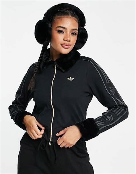 Adidas Originals Ski Chic Rib Track Top With Fluffy Trims In Black Asos