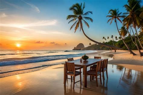 Premium Photo | A table on the beach at sunset