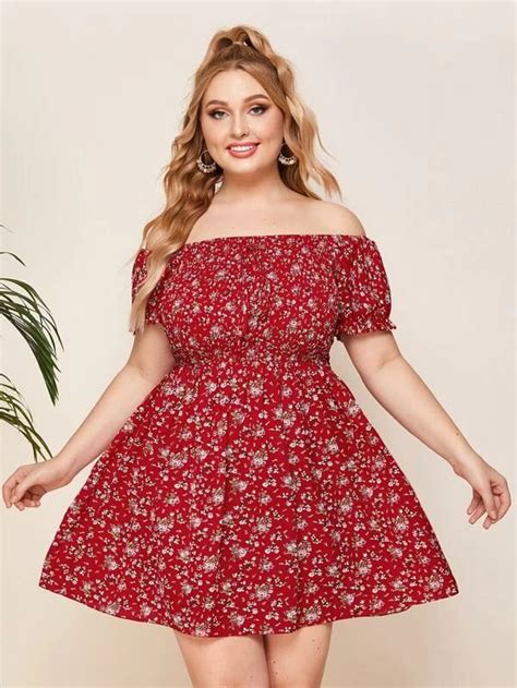 Plus Ditsy Floral Off The Shoulder Mini Dress Shein Usa Dresses 4xl Plus Size Dresses Plus