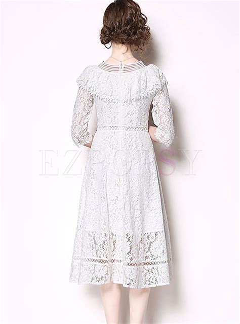 Dresses Skater Dresses Slash Neck Three Quarters Sleeve Lace Big