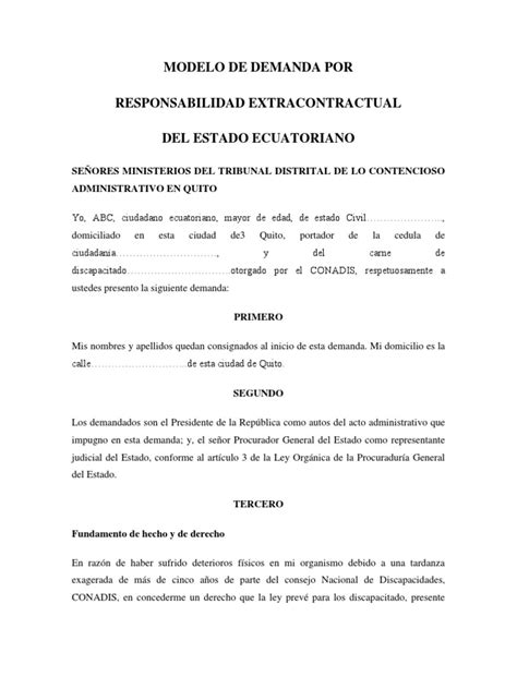 Modelo De Demanda Por Responsabilidad Extracontractual Del Estado Ecuatoriano Pdf Estado