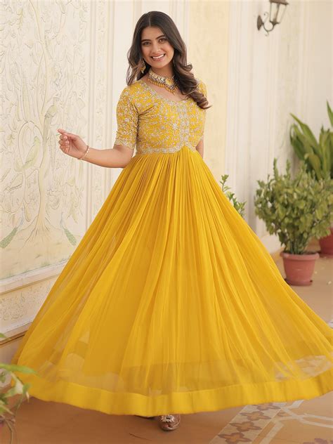 Buy Yellow Embroidered Georgette Haldi Wear Gown From Ethnic Plus