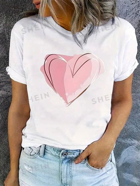 Shein Ezwear Camiseta De Manga Corta Con Estampado En Forma De Coraz N