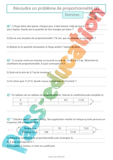 Résoudre un problème de proportionnalité 2 Exercices pour la 6ème