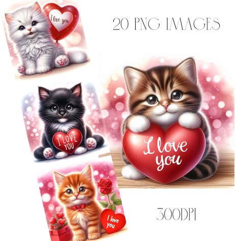 Valentine Kittens Clipart, Digital Downloads, Clipart, Watercolour, Papercraft, Valentine, 20PNG ...