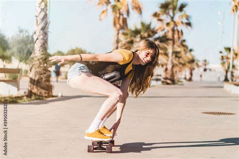 Skater Girl Riding A Long Board Skate Cool Female Urban Sports