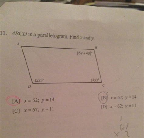 Solved ABCD Is A Parallelogram Find X And Y A X 62 Y Chegg