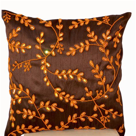 Shop For Handmade Brown Accent Silk Pillows With Orange Bead Sequin