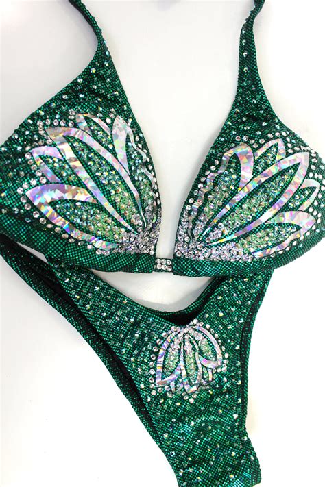 Npc Ifbb Competition Bikini Deep Green Sparkling Flower Etsy